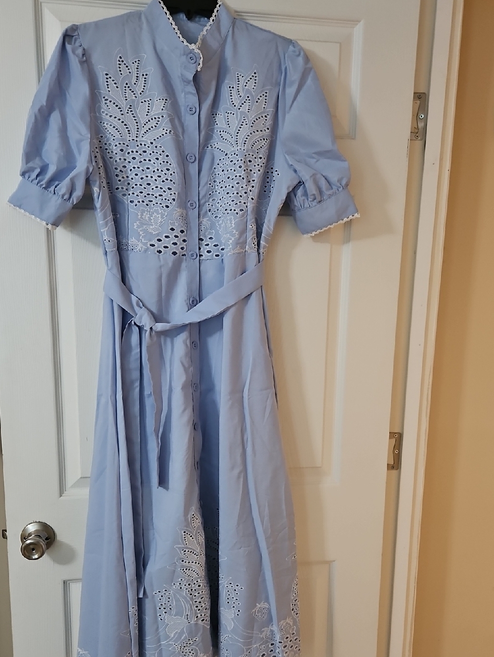 Light Blue Eyelet Button-Front Midi Dress with Tie Belt